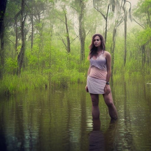 wild woman in primal swamp