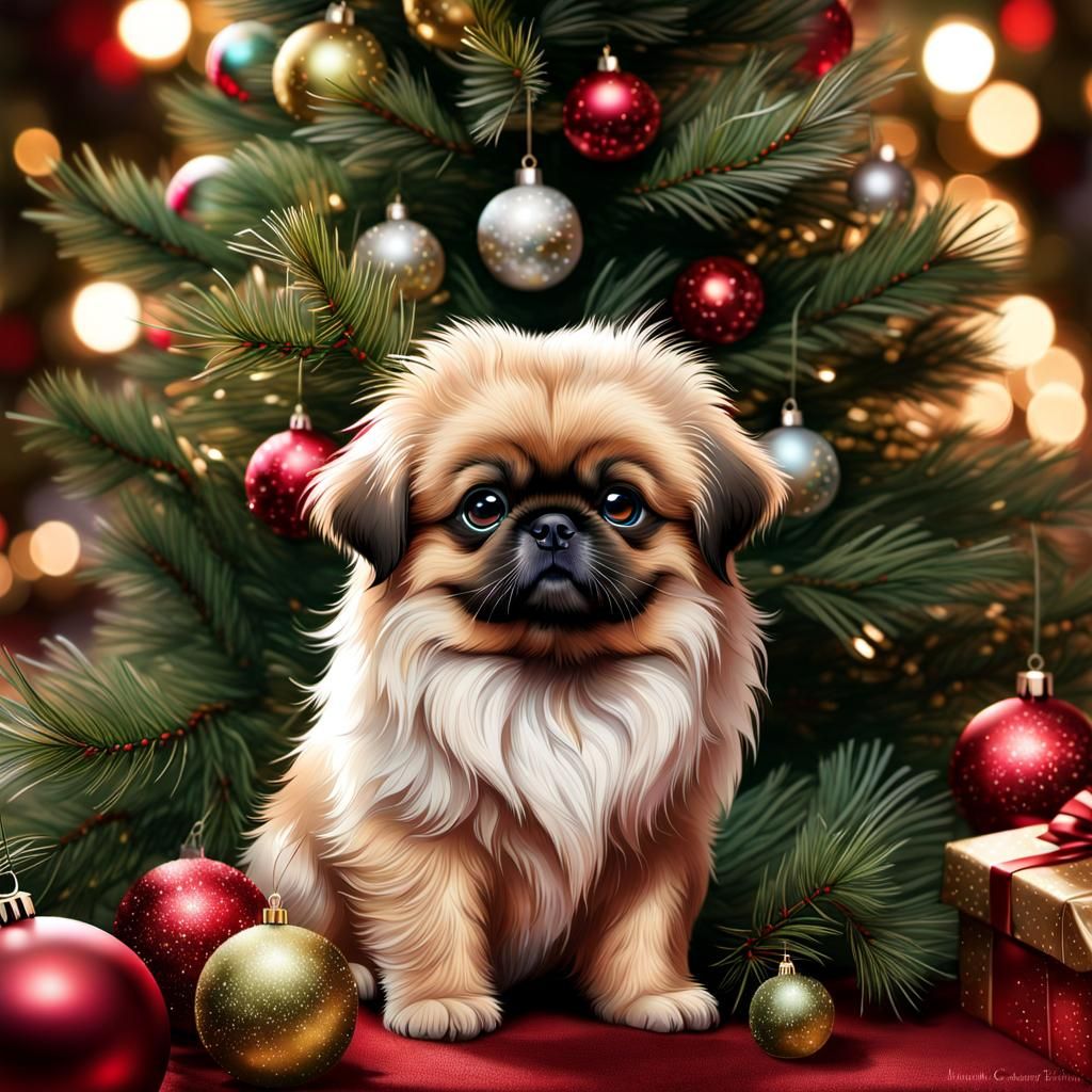 Cute fuzzy pekingese puppy with highly detailed eyes and fur in front ...