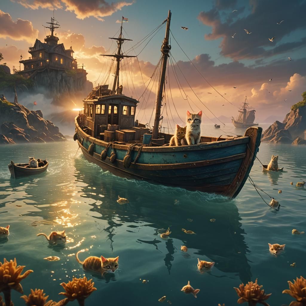 Kittens on a Boat in Misty Sea: Fantasy Art