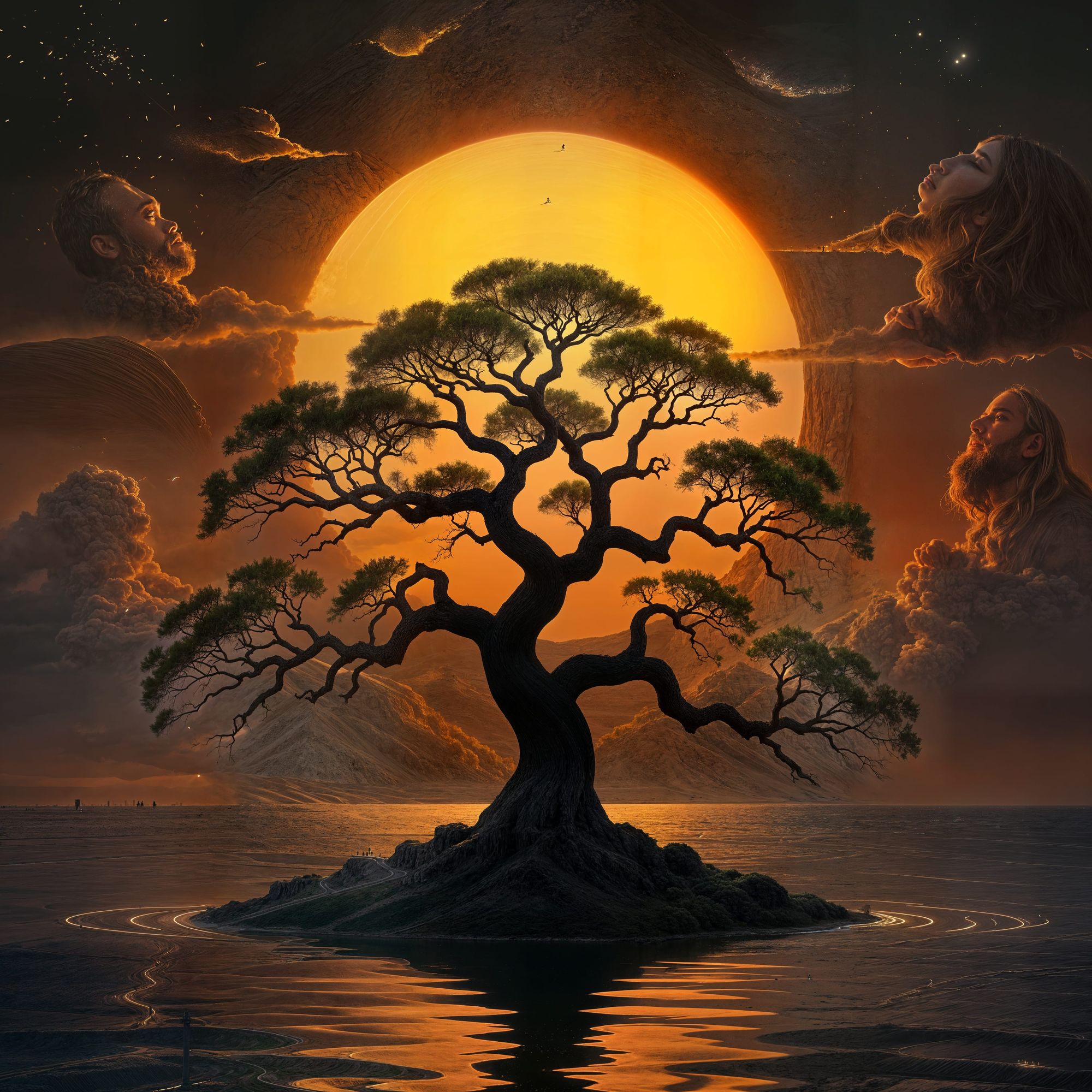 "ציור ריאליסטי מפורט ומואר. עץ עתיק ושחור, בעל ענפים מתפשטים ומסועפים היוצרים צללית דרמטית, ניצב במרכז התמונה. מאחורי העץ, כדור שמש ענק ובוה...