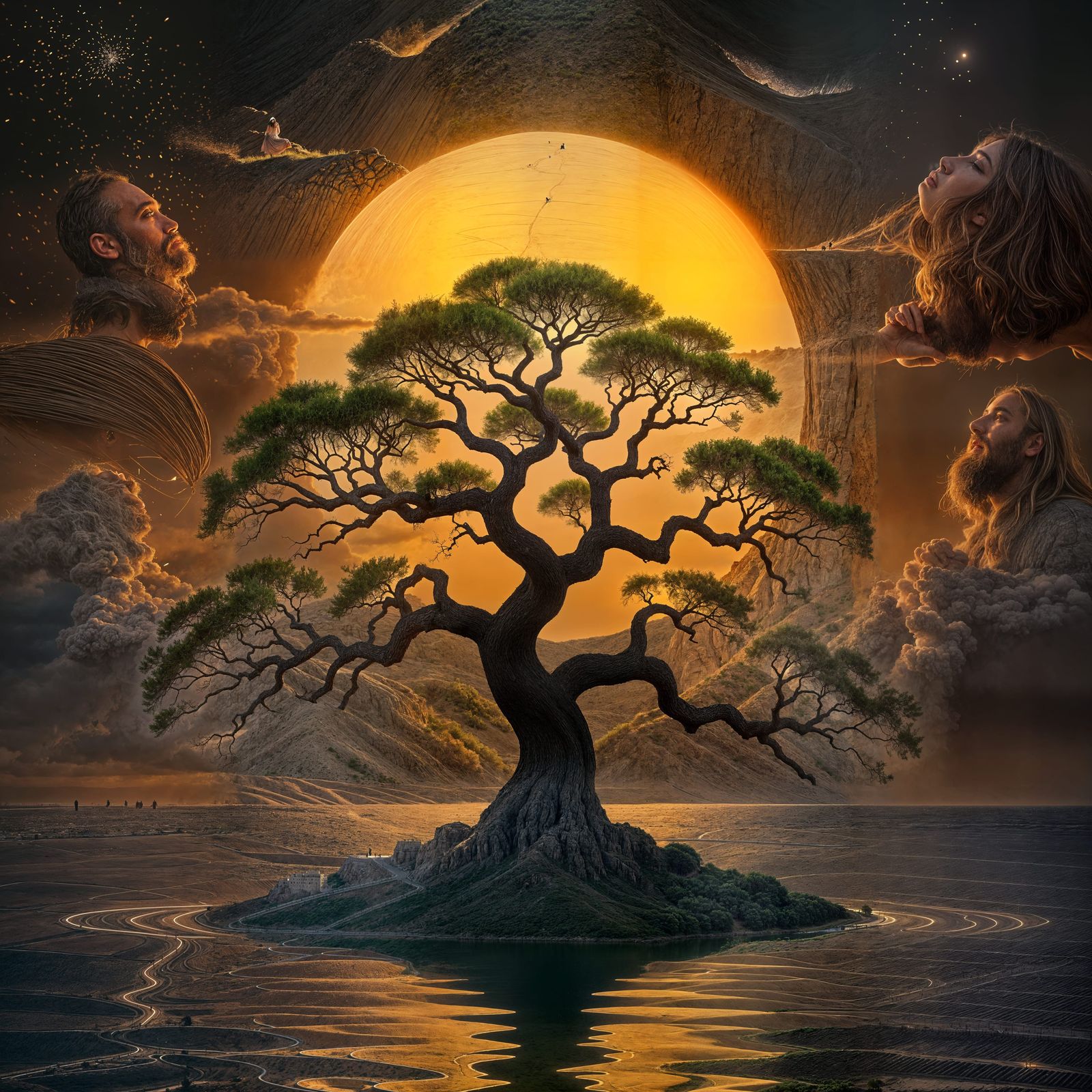 Ancient Black Tree Silhouette Against Radiant Sunset