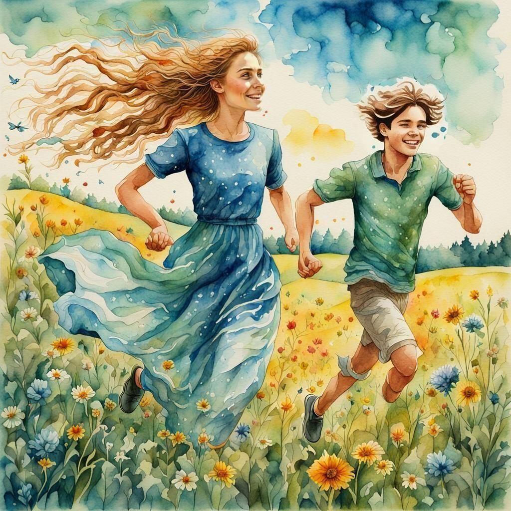 Young woman and young man running through summer meadow,wate...
