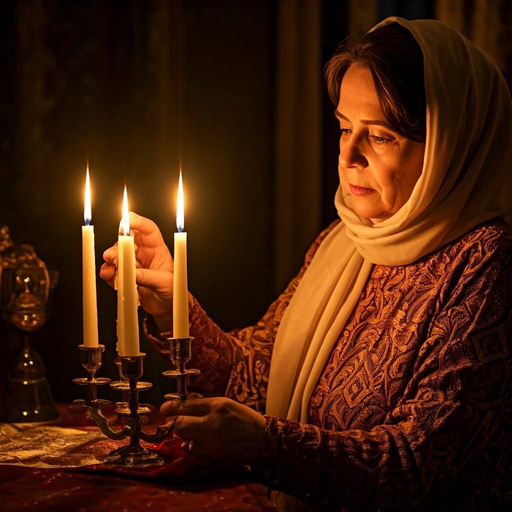 Jewish Mother Lights Shabbat Candles in Rembrandt Style