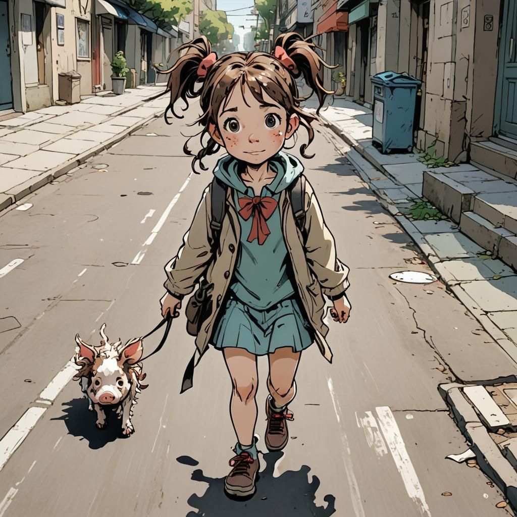 full body little girl with messy brown hair in pig tails, ha...