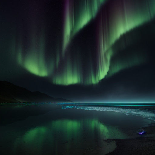 Surreal Beach Scene with Vibrant Auroral Lights