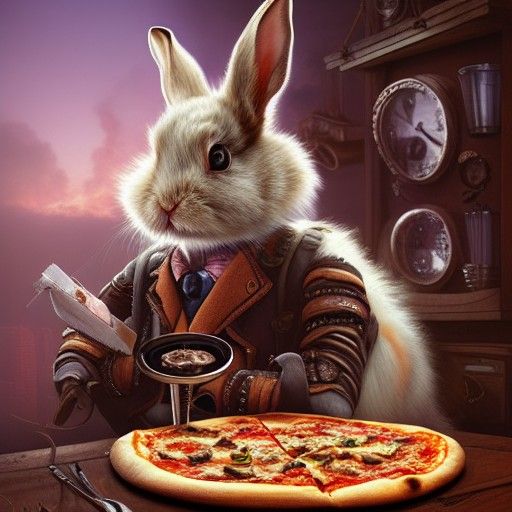 A Portrait Of A Cute Steampunk Rabbit Eating A Pizza, A High...