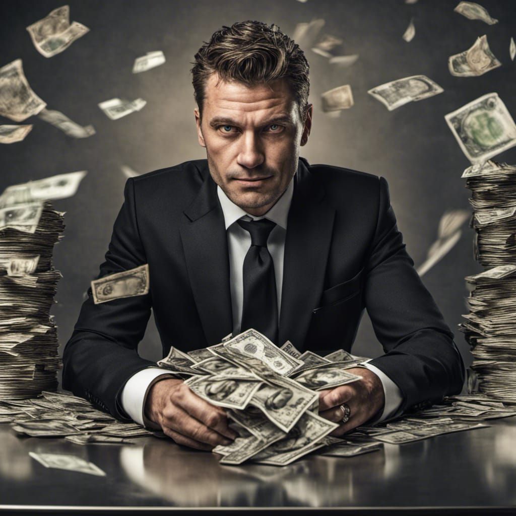 man in black suit, looking successful at a metal table with money on it ...