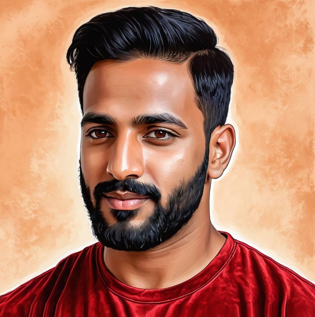 A bearded man wearing red velvet T-shirt