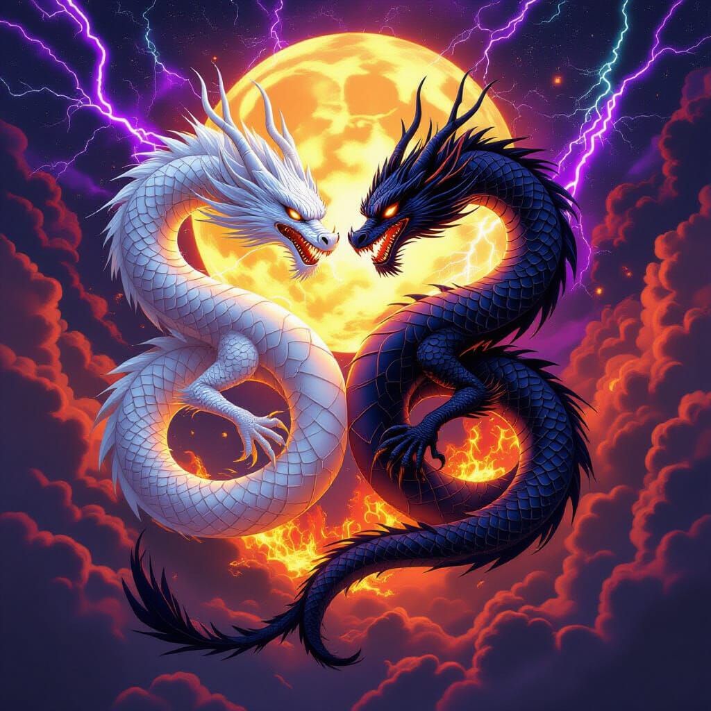 Entwined Dragons in Cosmic Dark Fantasy Style