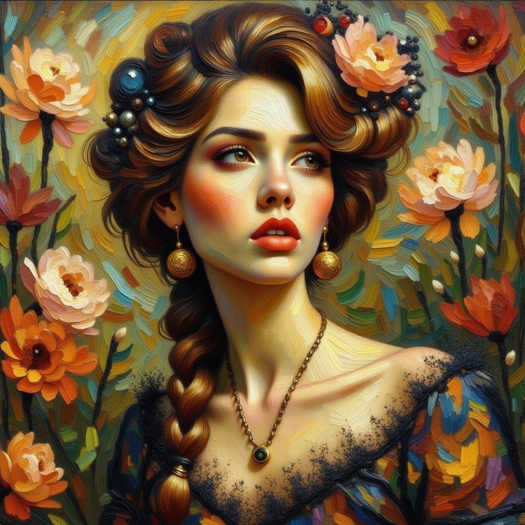 <lora:ImpastoOil Influence:1.0> Impasto oil image of a beautiful stunning woman gurney goth Rembrandt 