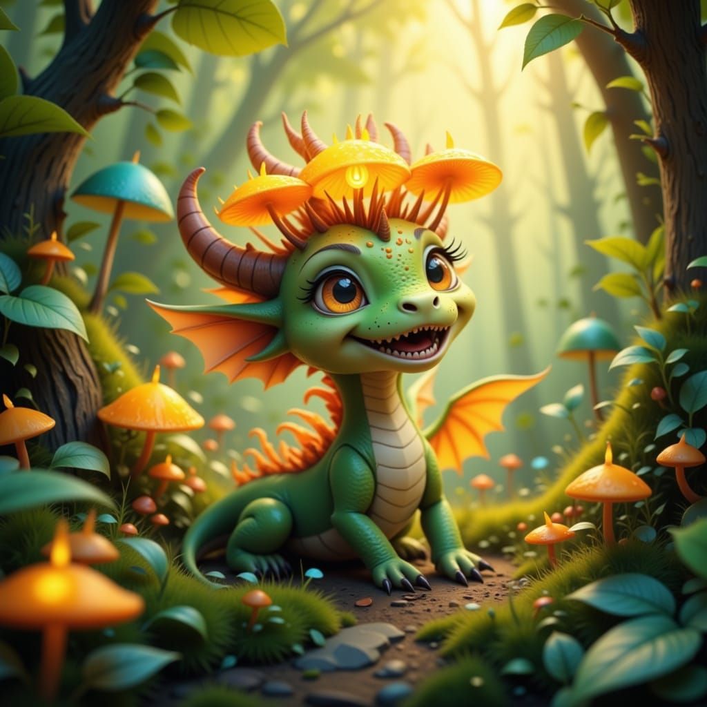 <lora:Shyvibes:1.0> A whimsical 3D cartoon drawing of a tiny dragon wearing a crown made of glowing mushrooms, perched on a mossy branch in ...