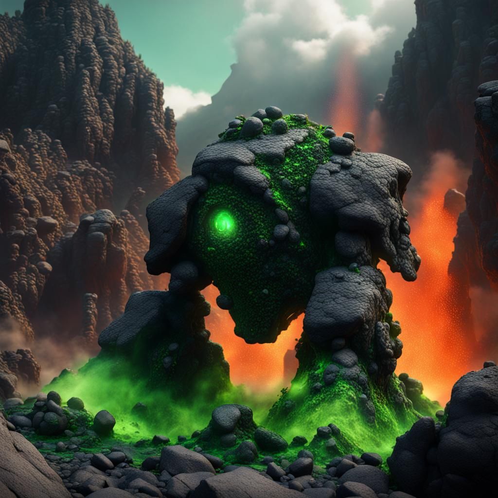 Orga made of black rocks with green eyes, a volcano with gre...