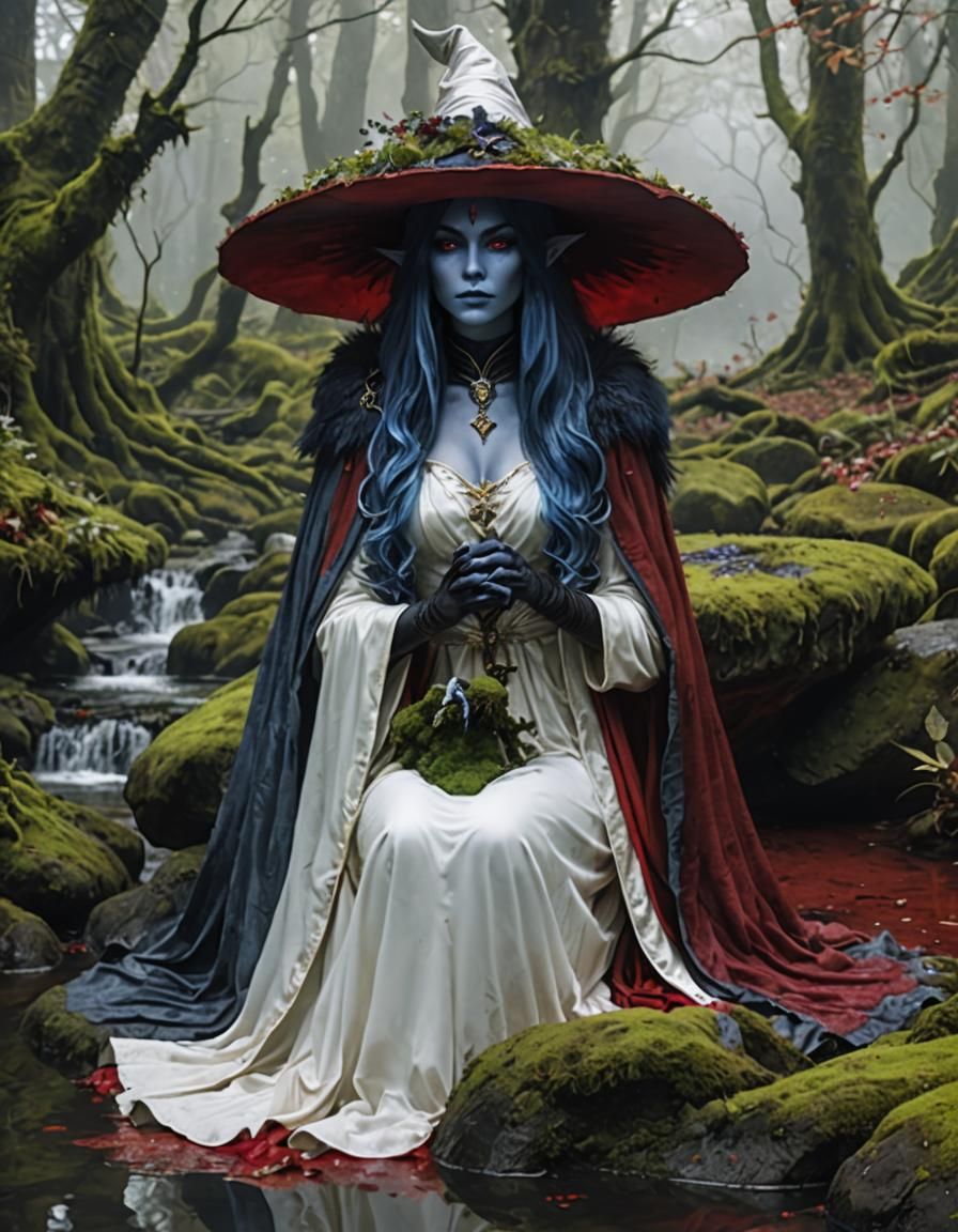 A young sorceress with blue skin and hair, adorned in a whit...