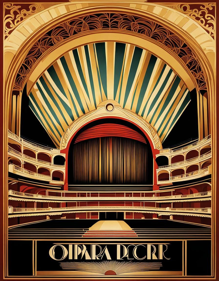 Art deco vintage travel poster of an ornate opera house AI Generated
