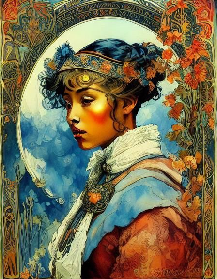 <lora:Art Nouveau:1.0> Beautiful red-haired woman standing near a lighthouse, perfectly drawn face, <lora:Art Nouveau:0.8), watercolor art,...