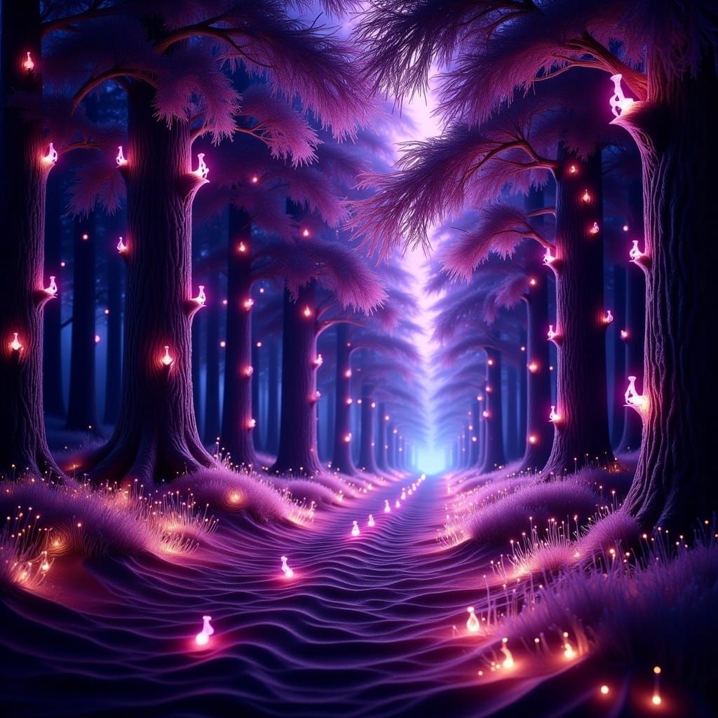 <lora:Fairy Lights:1.0> Purple starlight forest at night. St...