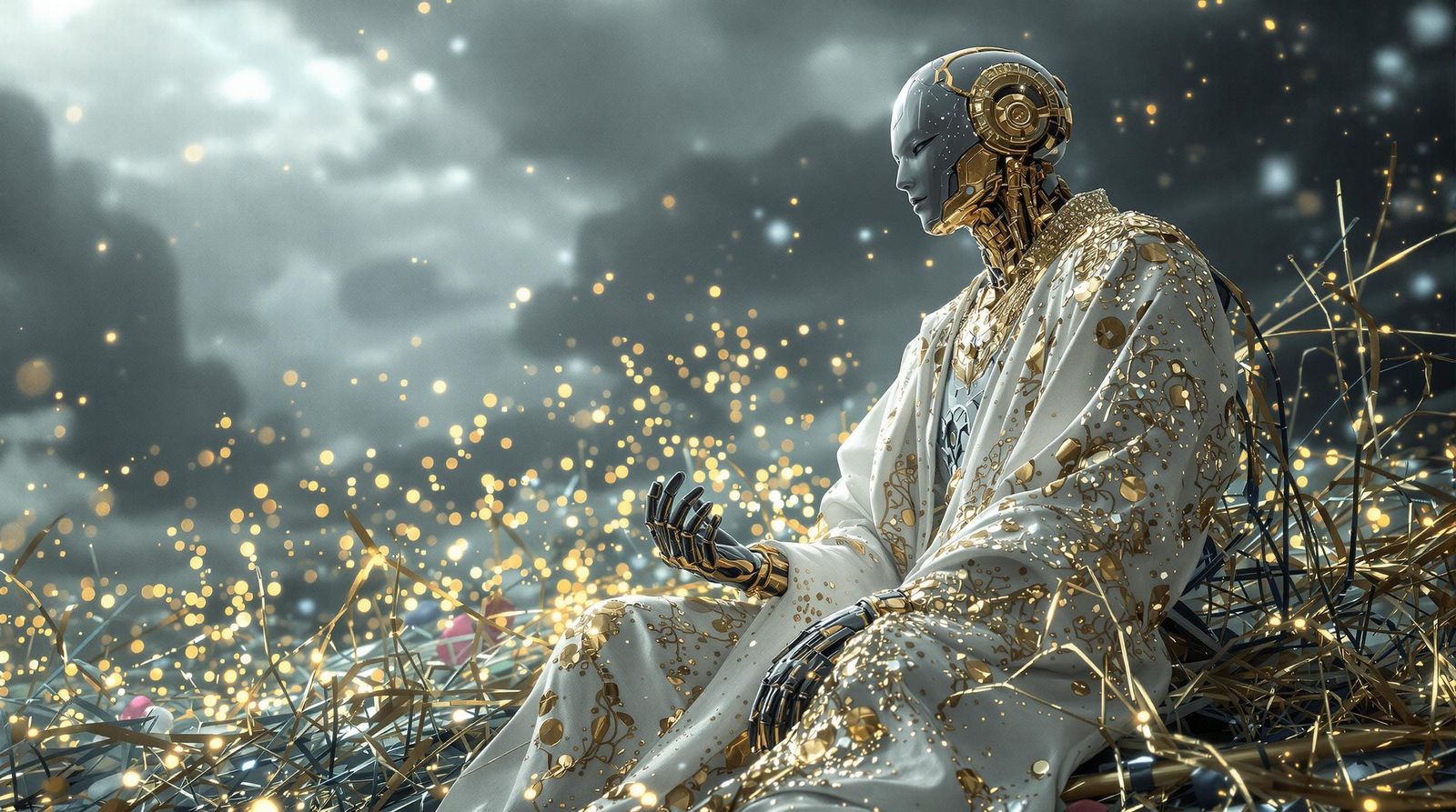 4 Likes -- Humanoid / Robot Figure sitting in a Contemplative Pose  by @Textured Color