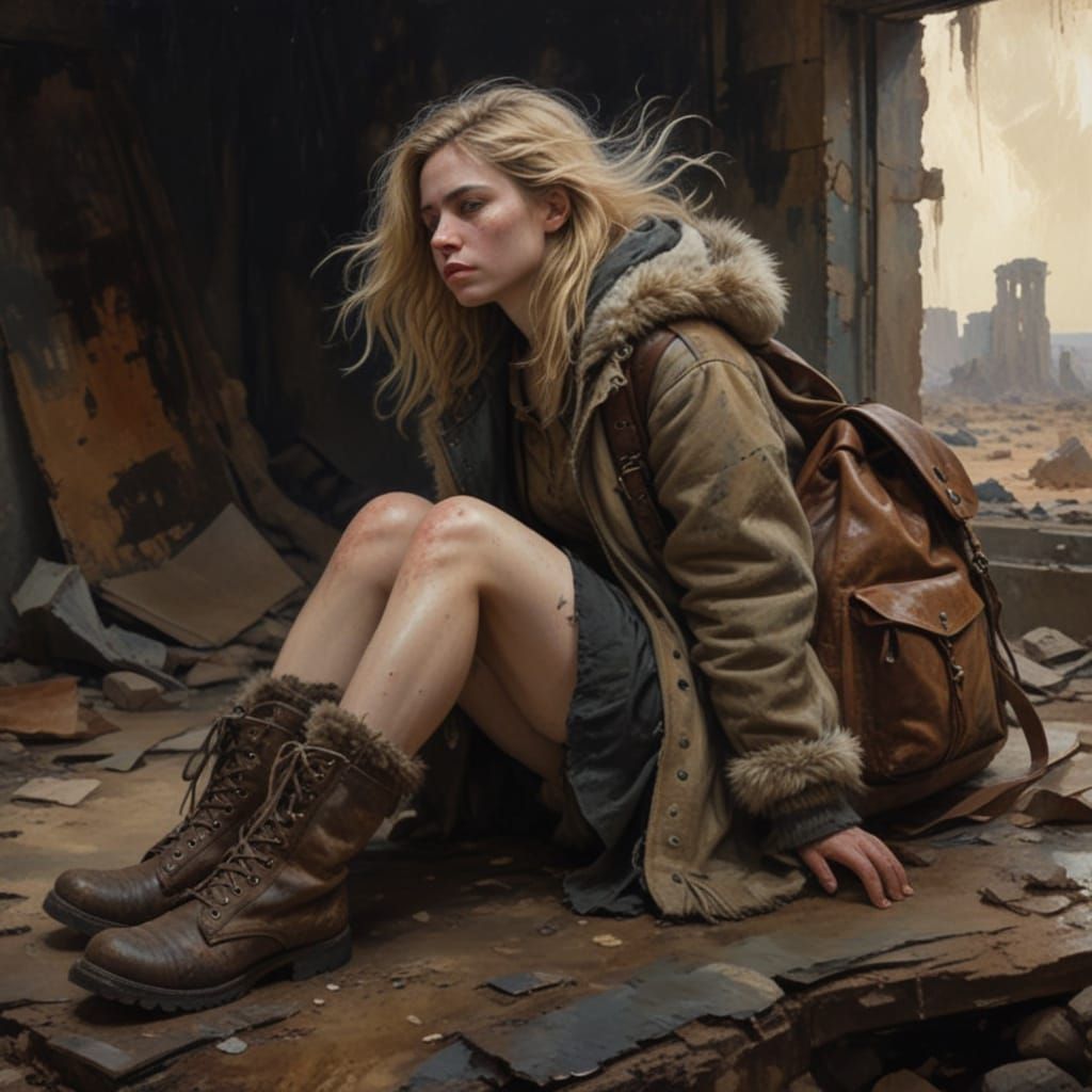 An full-body portrait of a resilient gorgeous young woman in a moment of despair and defiance. She sits on rough ground in a dark, abstract,...