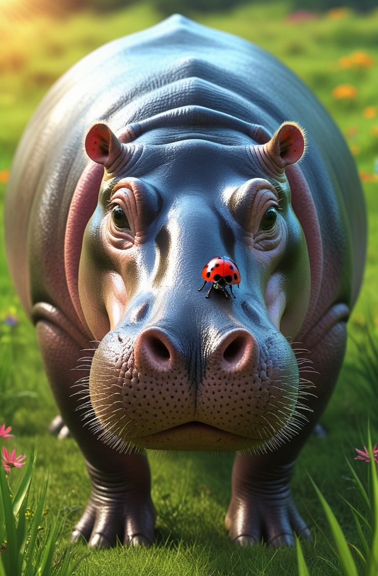 A hippo with a ladybug.