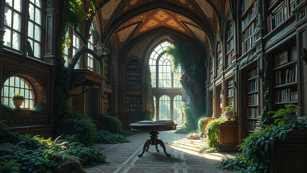 A once-grand library, now reclaimed by nature. Tall, arched windows, their glass long shattered, allow ...  by @JAD 