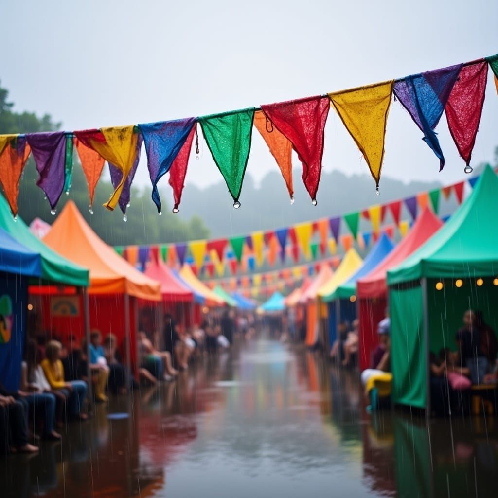 <lora:FreeRain Flux:1.0> Colorful festival tents drenched in rain, with raindrops dripping off vibrant bunting flags.