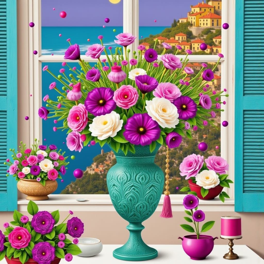 <lora:SecretSauce:1.0> <lora:G1i7ch5c4p3:1.0>  A glorious tall crystal vase full of the most delicate magenta, white and purple flowers sits...