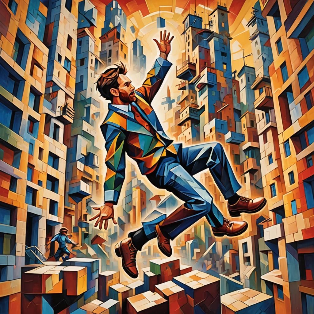 Cubist Painting of Soccer Player Jumping from Tower