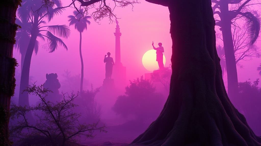 enchanted forest where neon pastel fog glows with soft light