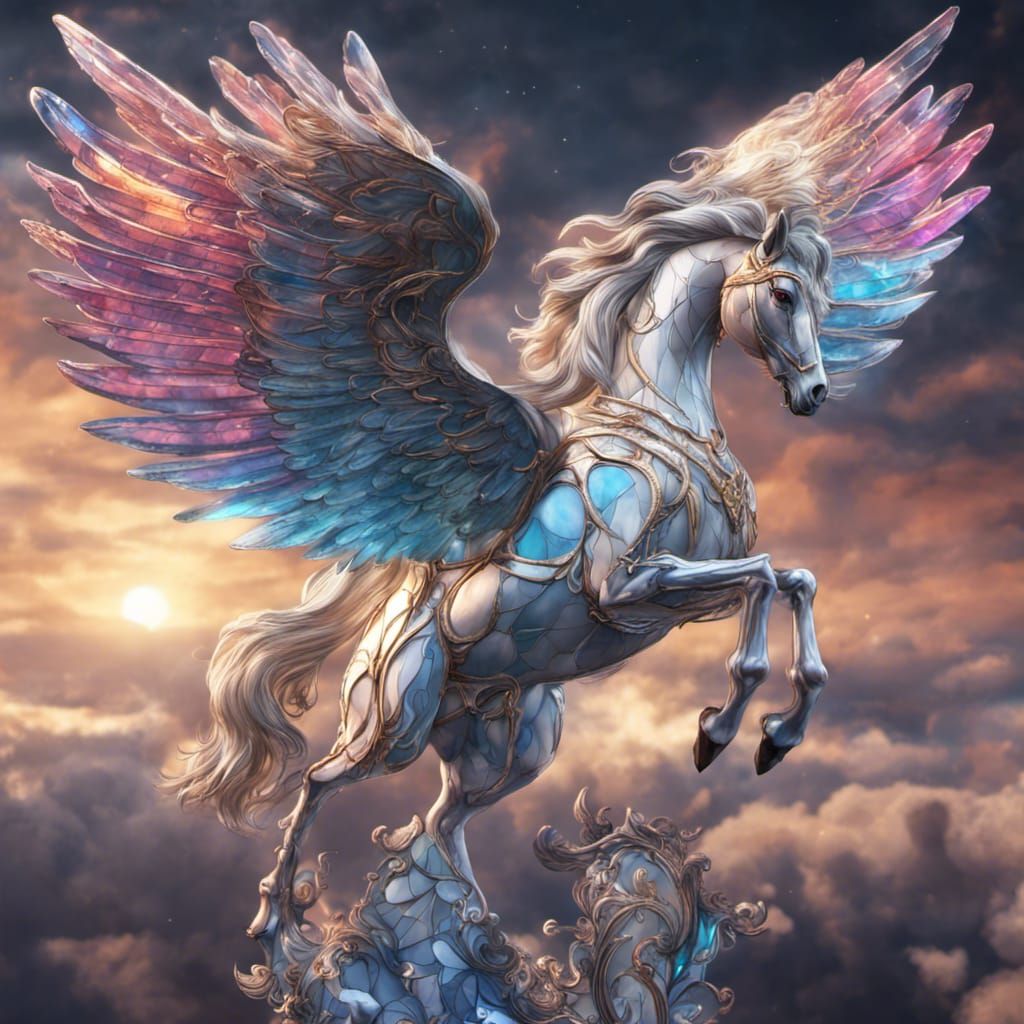 Elegant pegasus with brilliant wings made of stained glass, in the clouds
  by @Dorian