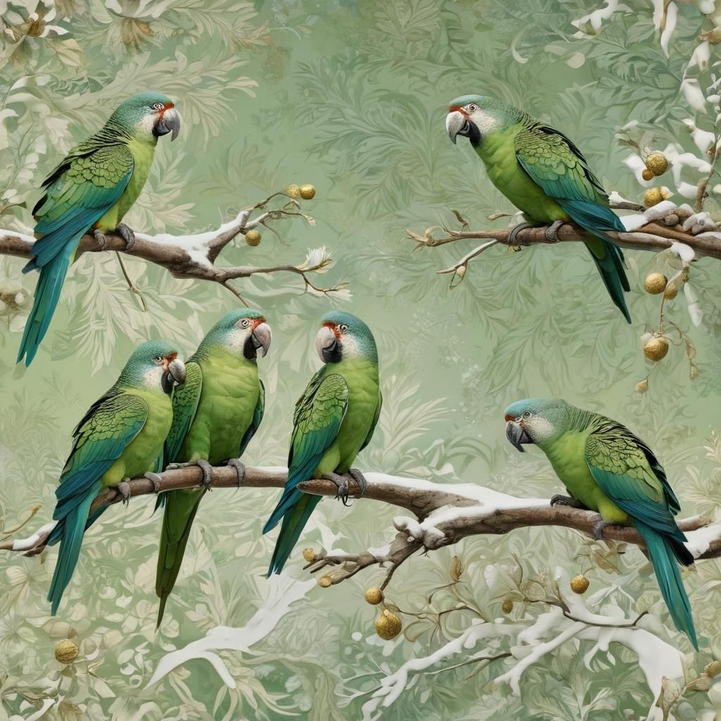 Fantasy Scene with six  green parrots