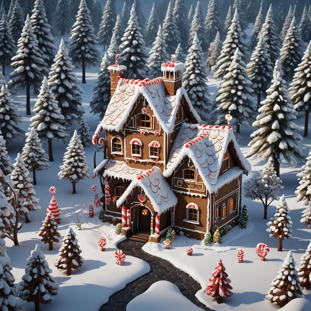 A fantastically detailed gingerbread house in a snowy winter...