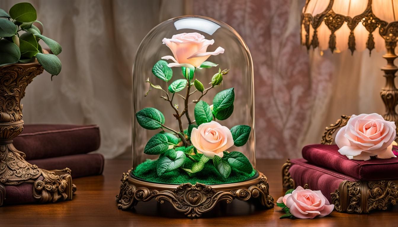 Enchanted Rose Lamp: A glass dome encasing a glowing, enchan...