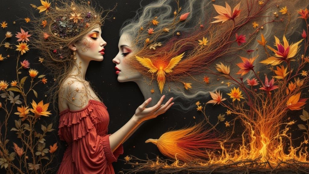 A surreal side profile portrait of a woman with dramatically distorted proportions, her elongated face curved like a flame licking upward. H...