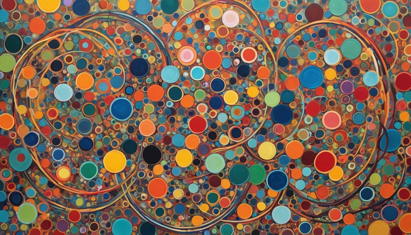 An abstract acrylic painting of overlapping circles and vibr...