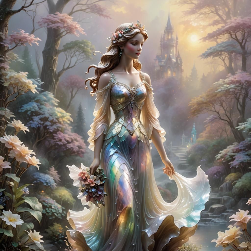 Mother-of-Pearl Statue in Ethereal Misty Landscape