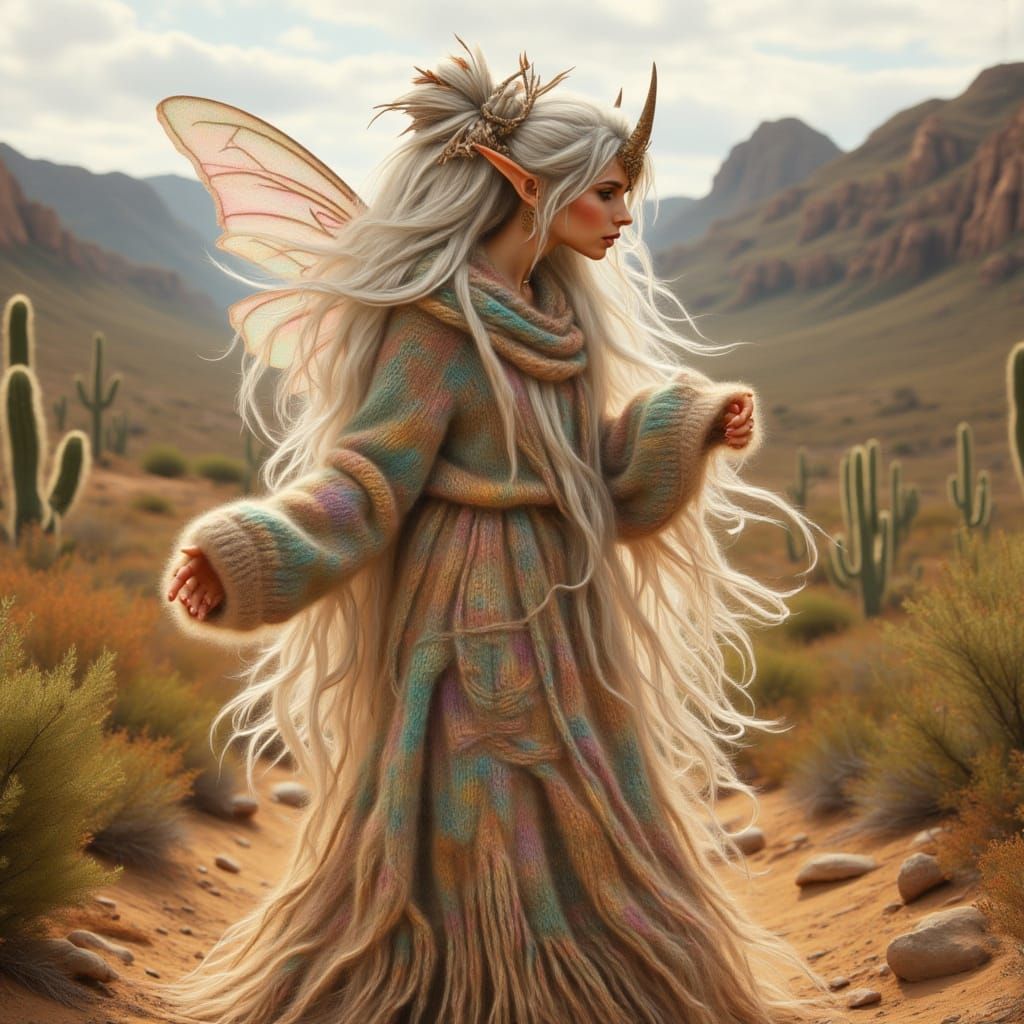 <lora:kak-ModernFairy:1.0>elderly woman fairy with oversized wool dress at the desert
