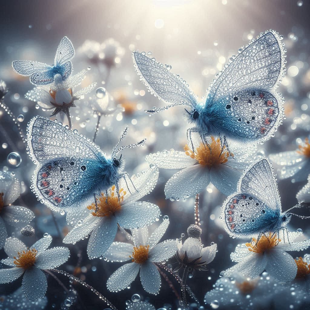 Butterflies sitting beautiful delicate white flowers.