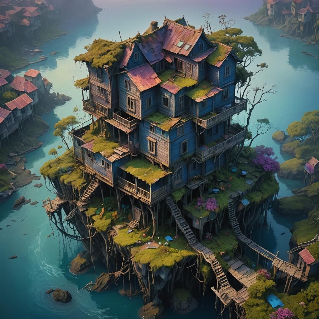 A multi-storey rickety old house on a tiny island in the mid...