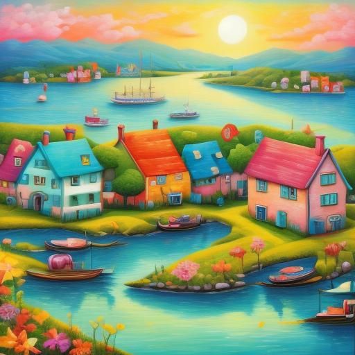 Seaside village in bright pastel colours, in the style of <l...