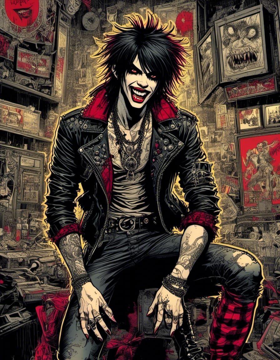 fine-detailed comic-art style full-body portrait of a modern punk vampire  rocker boy <lora:Gothipunk Vampires 2:1.2> showing his fangs, in...