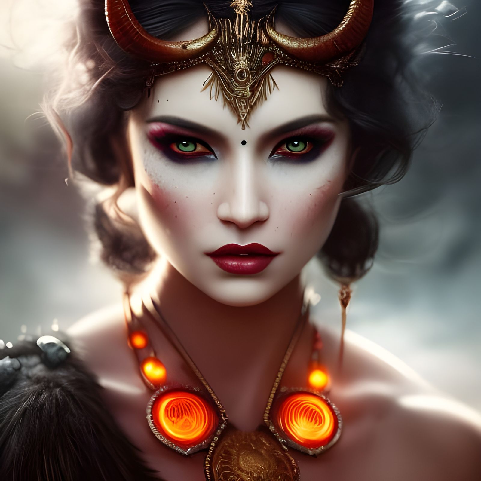 Hyperrealistic Portrait of Demonic Woman with Glowing Eyes