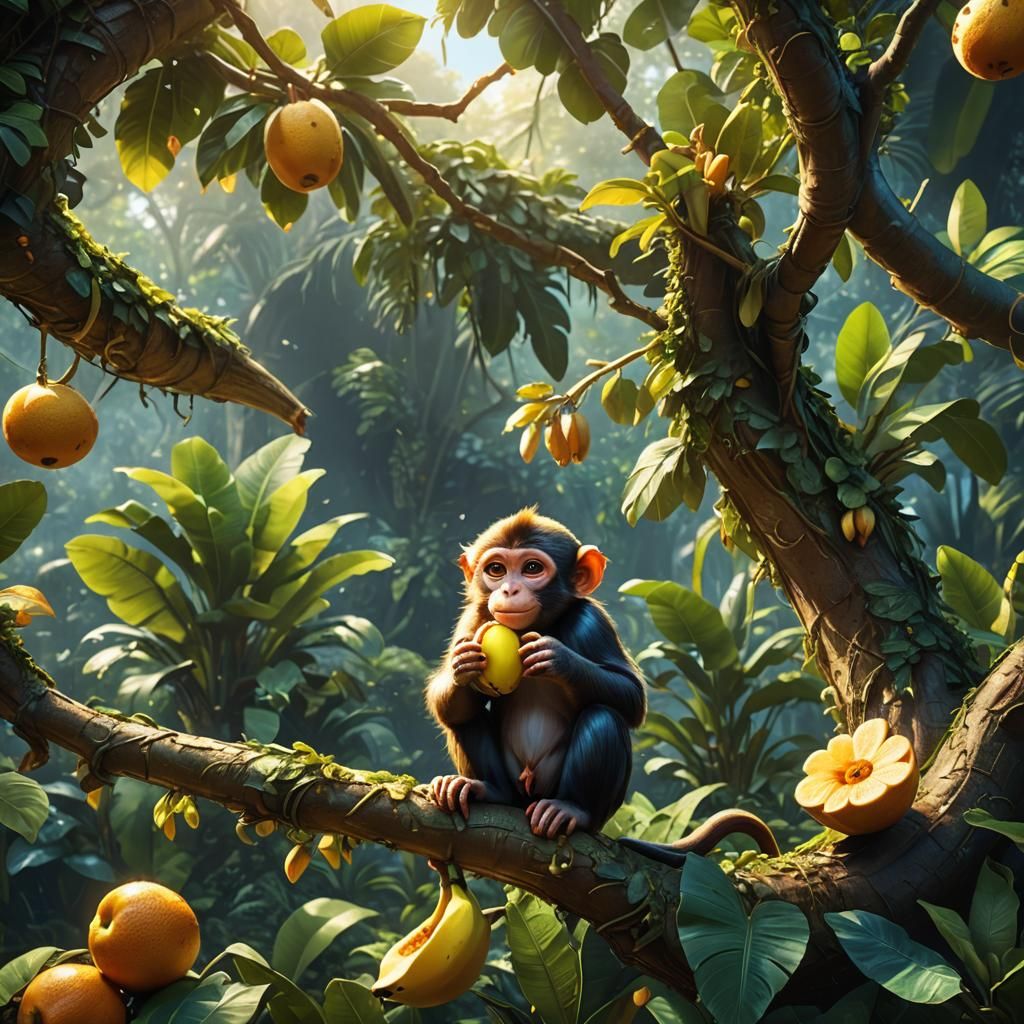 Cute Monkey Eating Banana in Fantasy Jungle Art