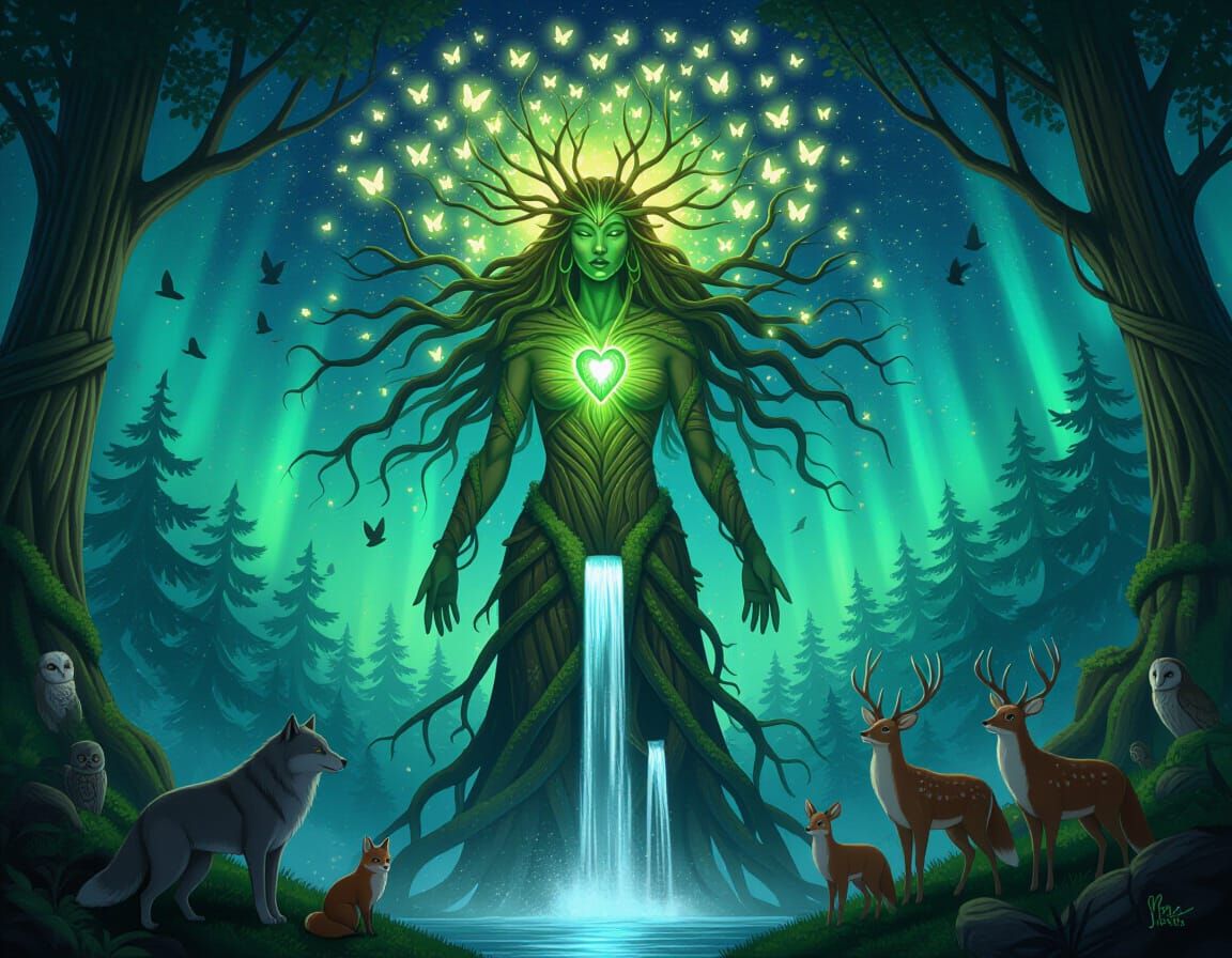 Radiant Forest Goddess in Ancient Grove