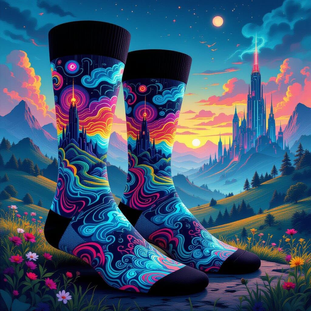 Intricately patterned, hyperdetailed socks with vibrant, swirling tattoo design of a mystical fantasy ...  by @PeteArtwork