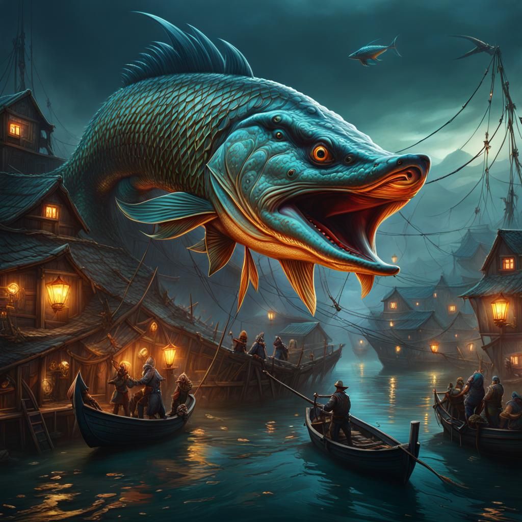 a huge mutant pike, entangled in fishing nets, attacks a fis...