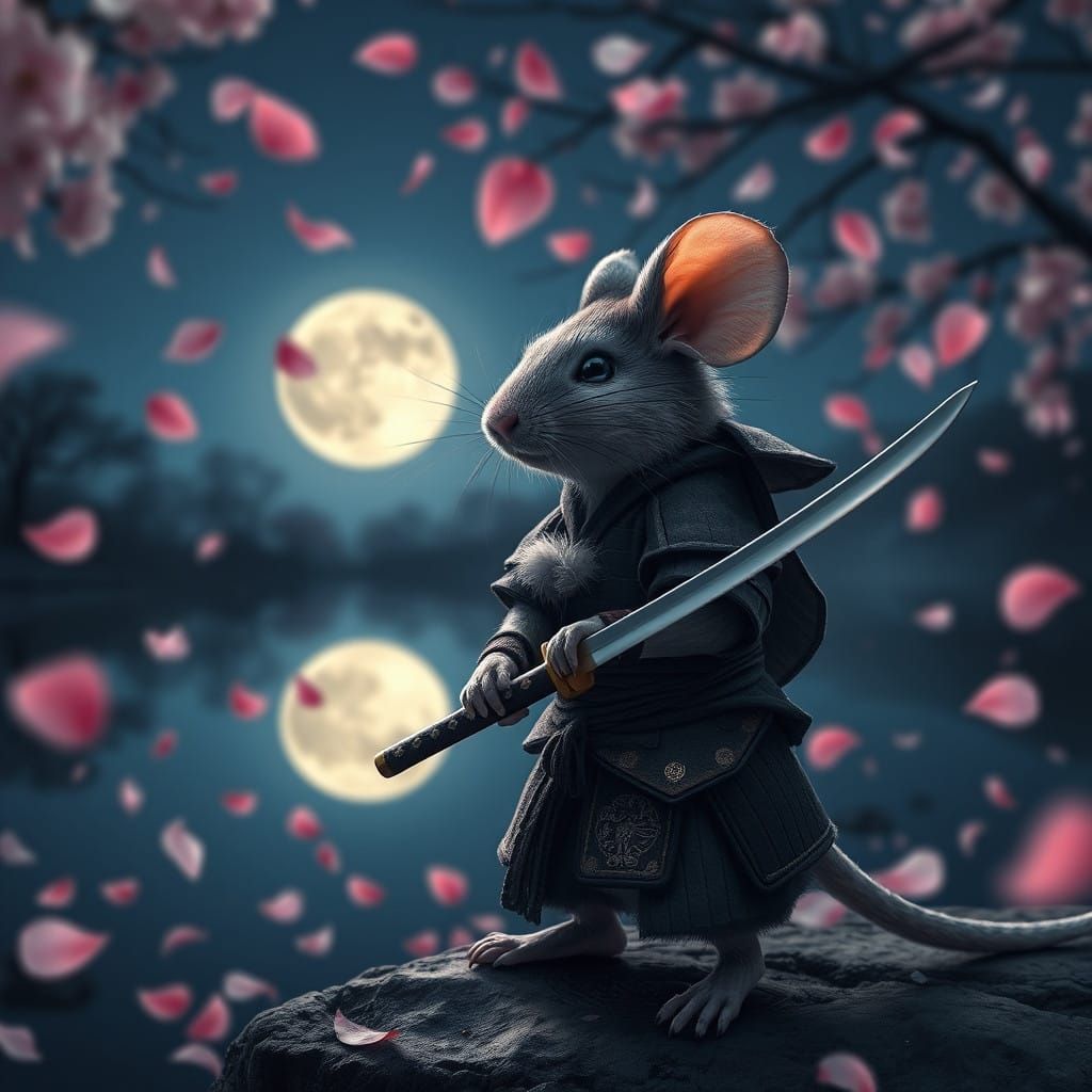 anthropomorphic mouse samurai with katana near a night pond in the light of a full moon surrounded by ...  by @Zacharo