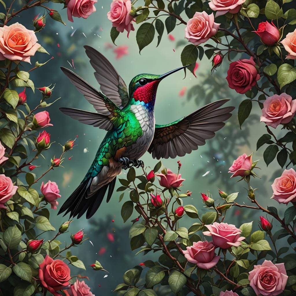 Beautiful hummingbird on a rose bush close up