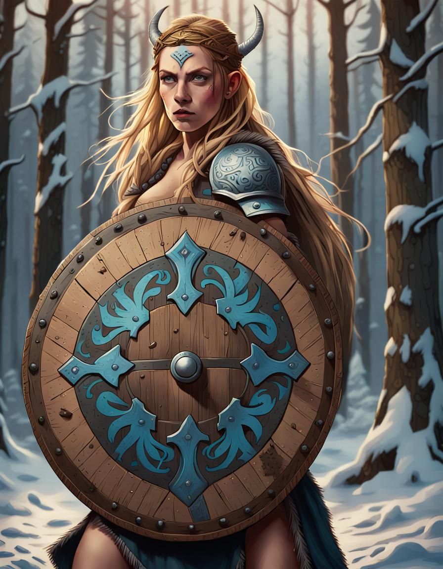 Viking Shieldmaiden, holding the line with an epic wooden shield. - AI ...