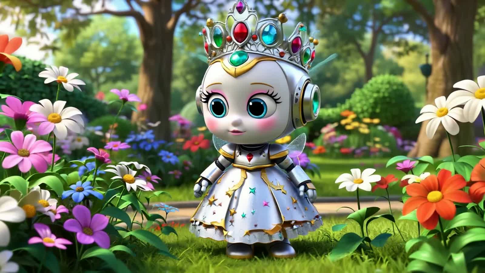 robot princess inspects the flowers