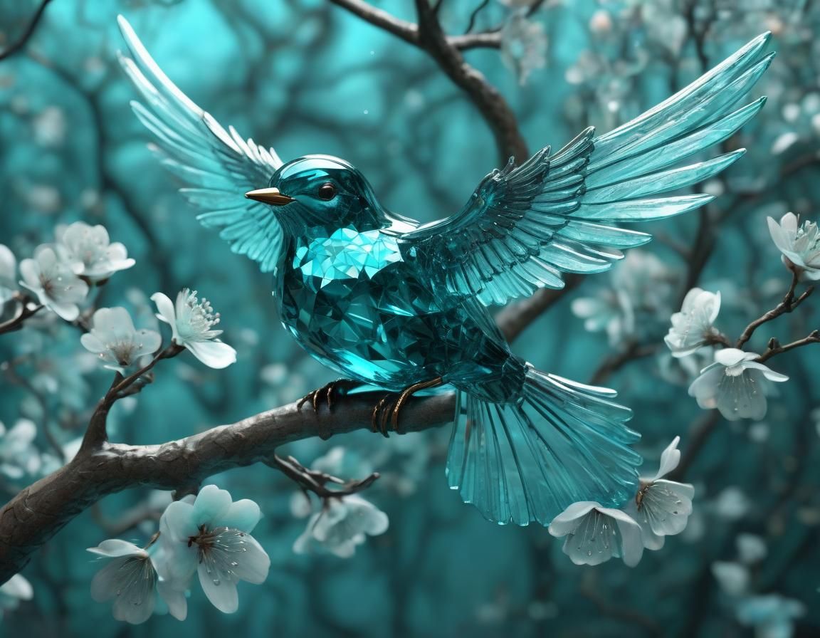 beautiful glass crystal teal bird perched on a teal blossom ...